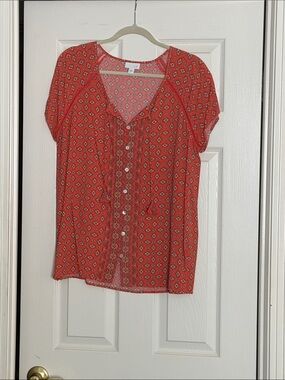 J. Jill coral  Geometric Ruffle-Front Short Sleeve Blouse with tassel ties